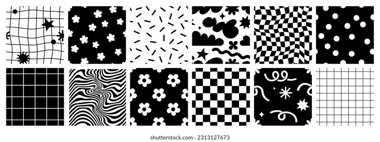 Cute cartoon flower and vase seamless pattern set. Daisy floral organic form and other elements in trendy playful cartoon style. Vector chessboard and abstract background.