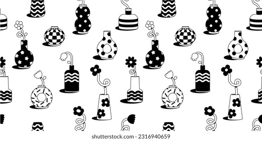 Cute cartoon flower and vase seamless pattern. Daisy floral organic form and other elements in trendy playful cartoon style. Vector background.