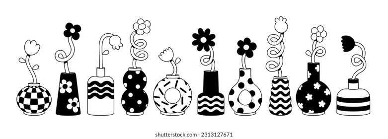 Cute cartoon flower and vase set. Daisy floral organic form and other elements in trendy playful cartoon style. Vector illustrations isolated on white background.