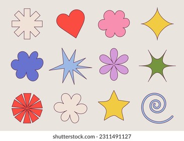 Cute cartoon flowers and figures icons. Chamomile floral organic cloud star shape and other elements in trendy playful brutal style. Vector illustration isolated on white background.