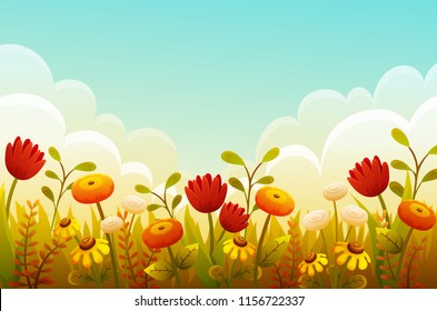 Cute cartoon flowers in grass border. Red tulips, orange and yellow flowers. Autumn scene with blue sky and clouds. Vector illustration.