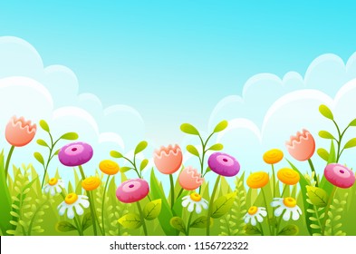
Cute cartoon flowers in green grass border. Pink tulips, chamomile and yellow buds. Spring scene with blue sky ans clouds. Vector illustration.