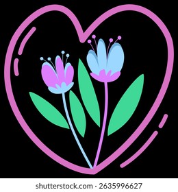 Cute cartoon flowers in a heart shape, flat design, tulip, blue, pink, green, on a black background, vector, floral illustration, hand-drawn graphic. Bloom love concept, for print, textile, kid design