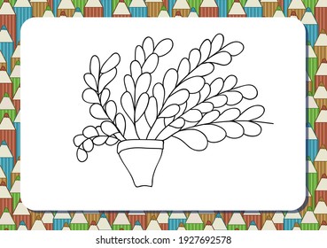 Cute cartoon flowers in pot. Isolated on white background. Vector illustration. Can be used for coloring books. Printable a4 landscape page. Horizontal orientation. Background with pencils