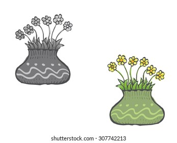 Cute cartoon flowers in pot. Vector drawing in doodle style.