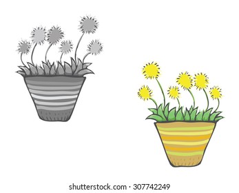 Cute cartoon flowers in pot. Vector drawing in doodle style.