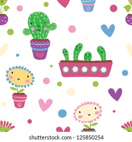 Cute cartoon flowers. Seamless pattern