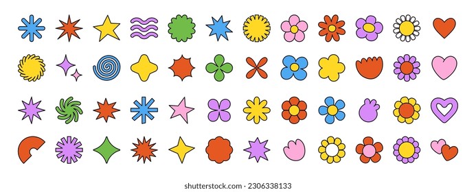 Cute cartoon flowers and shapes icons. Daisy floral organic form cloud star and other elements in trendy playful brutal style. Vector illustrations isolated on white background.