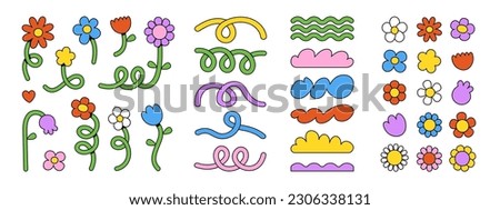 Cute cartoon flowers and shapes icons. Daisy floral organic form cloud star and other elements in trendy playful brutal style. Vector illustrations isolated on white background.