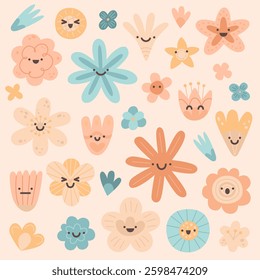 Cute cartoon flowers with smiling faces. Hand-drawn set. Children illustration in flat style. Vector design elements for greeting card or invitation