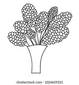 Cute cartoon flowers in vase. Lilac. Isolated on white background. Vector illustration.  Can be used for coloring books. 