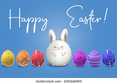 Cute cartoon fluffy bunny with easter eggs on blue background. Hppy Easter card.