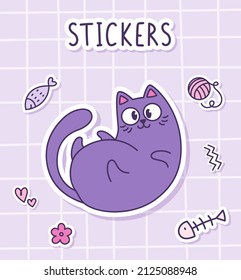 Cute cartoon fluffy cat lying on his back. Sticker of a cat with toys on a checkered background. Label Sticker. Vector illustration