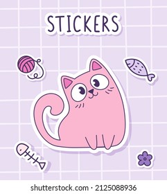 Cute cartoon fluffy cat sits with his head tilted. Sticker of a pink cat with toys on a checkered background. Label Sticker. Vector illustration