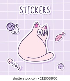 Cute cartoon fluffy cat sitting. Sticker of a cat with toys on a checkered background. Label Sticker. Vector illustration