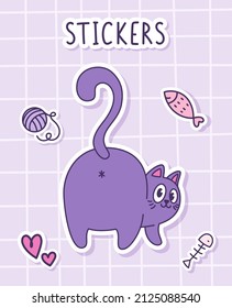 Cute cartoon  fluffy cat turned around. Sticker of a cat with toys on a checkered background. Label Sticker. Vector illustration