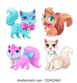 Cute cartoon fluffy cats set. Vector kitty icons on white background.