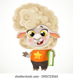 Cute cartoon fluffy lamb with a book under his arm isoalted on white background