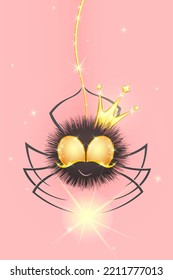 Cute cartoon fluffy little spider princess in shiny crown, hanging on glowing spiderweb