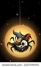 Cute cartoon fluffy little spider in witch hat  hanging on his spiderweb on the full moon 