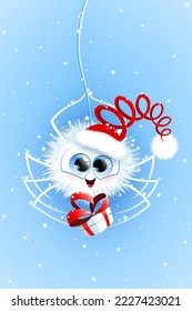 Cute cartoon fluffy little white spider in Santa Claus hat, hanging on spiderweb under snowfall