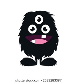 Cute cartoon fluffy monster. Funny black creature in childish style isolated on white background. Vector illustration