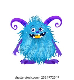 Cute cartoon fluffy monster with horns on a transparent background. Isolated funny animal for childish designs, greeting cards and invitations for Halloween and birthday parties. Vector clip art.