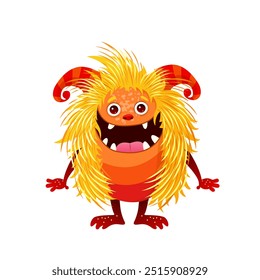 Cute cartoon fluffy monster with horns on a transparent background. Isolated funny animal for childish designs, greeting cards and invitations for Halloween and birthday parties. Vector clip art.