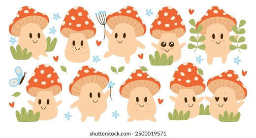 Cute cartoon fly agaric mascot mushroom characters with different positive emotions set isolated on white background. Groovy uneatable red dotted fungus groovy natural emoticons vector illustration