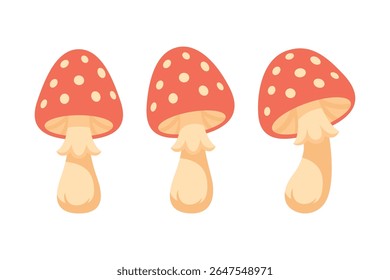 Cute Cartoon Fly Agaric Mushrooms Vector Illustration. Red Amanita Mushrooms Icon Set, Forest Fairy Tale, Autumn Nature Elements for Kids, Woodland Design, Fantasy, Poisonous Mushroom Collection