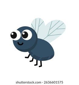 Cute cartoon fly with big eyes, tiny legs, and translucent wings. Fun flat design for insect collections, kids content, or educational use