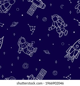Cute cartoon flying astronauts and spaceships in outer space among the planets and stars. Seamless vector pattern on a dark blue background.