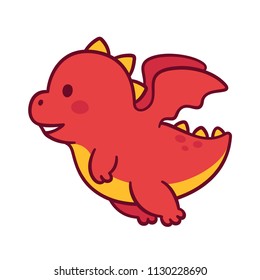 Cute cartoon flying baby dragon. Funny little chubby dragon character drawing.