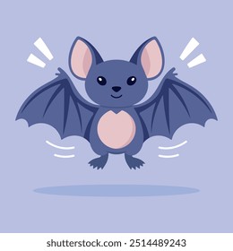 Cute cartoon flying bat character. Happy Halloween. Vector flat illustration isolated on purple background.