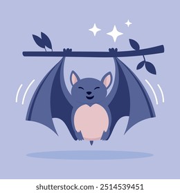 Cute cartoon flying bat character hanging on a branch. Happy Halloween. Vector flat illustration isolated on purple background.