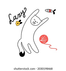 Cute cartoon flying cat character. Funny baby kitten. Love Greeting card. White background Isolated. Childish hand drawn vector illustration for nursery prints design t shirt postcard Doodle style