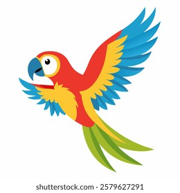 Cute cartoon flying colorful macaw parrot isolated on white background. Suitable for educational poster, logo, children's books and  encyclopedias. Children's picture. Vector illustration. 