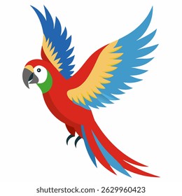Cute cartoon flying colorful macaw parrot isolated on white background. Suitable for educational poster, logo, children's books and encyclopedias. Children's picture.Vector illustration.Side view	
