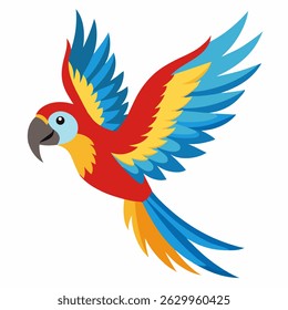 Cute cartoon flying colorful macaw parrot isolated on white background. Suitable for educational poster, logo, children's books and encyclopedias. Children's picture.Vector illustration.Side view	
