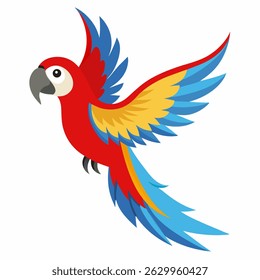 Cute cartoon flying colorful macaw parrot isolated on white background. Suitable for educational poster, logo, children's books and encyclopedias. Children's picture.Vector illustration.Side view	
