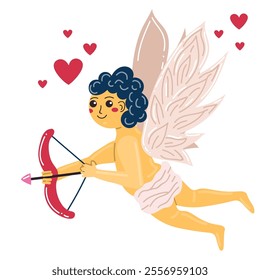 Cute cartoon flying Cupid with bow and arrow aiming to somebody. Happy Valentine's day mascot or symbol. 