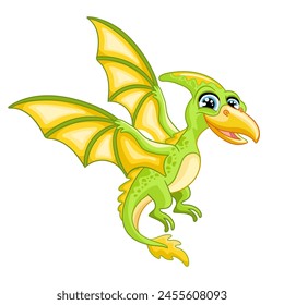 Cute cartoon flying dinosaur. Vector illustration isolated on a white background. Dino pterodactyl character. Color image for print, design, stickers, decorations, kids clothes, souvenirs