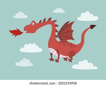 Cute cartoon flying dragon. Vector flat illustration.