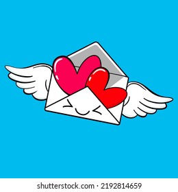 Cute cartoon flying envelope with hearts. Kawaii characters. Vector illustartion.