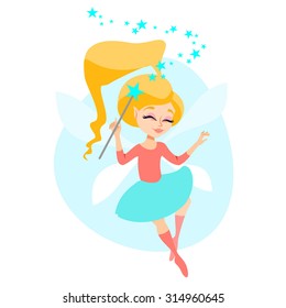 Cute cartoon flying fairy with magic wand. Vector illustration