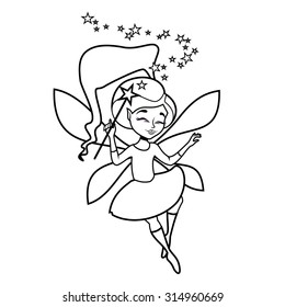 Cute cartoon flying fairy with magic wand. Outlines in black-and-white.Vector illustration