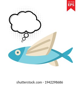 Cute cartoon Flying Fish with thought bubble isolated on white background. Animal symbol for your web site design, logo, app, UI. Eps10 vector illustration.