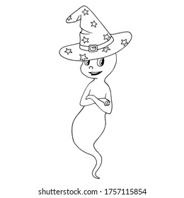 Cute cartoon flying ghost wearing a pointed wizard hat. White and black vector illustration for coloring book. Halloween theme.