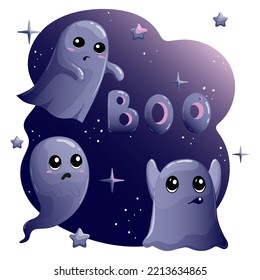 Cute cartoon flying ghosts in the starry sky. Funny ghostly shadows, phantoms, spirits with different emotions. Vector illustration for Halloween holiday.