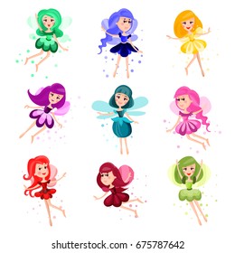 Cute cartoon flying girly fairies of different colors set of vector Illustrations